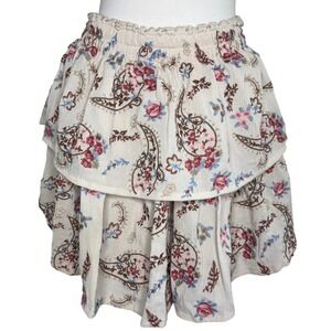 Mi‎ Ami Floral Embroidered Tiered Mini Skirt Cream Small Fairy Cottagecore Boho